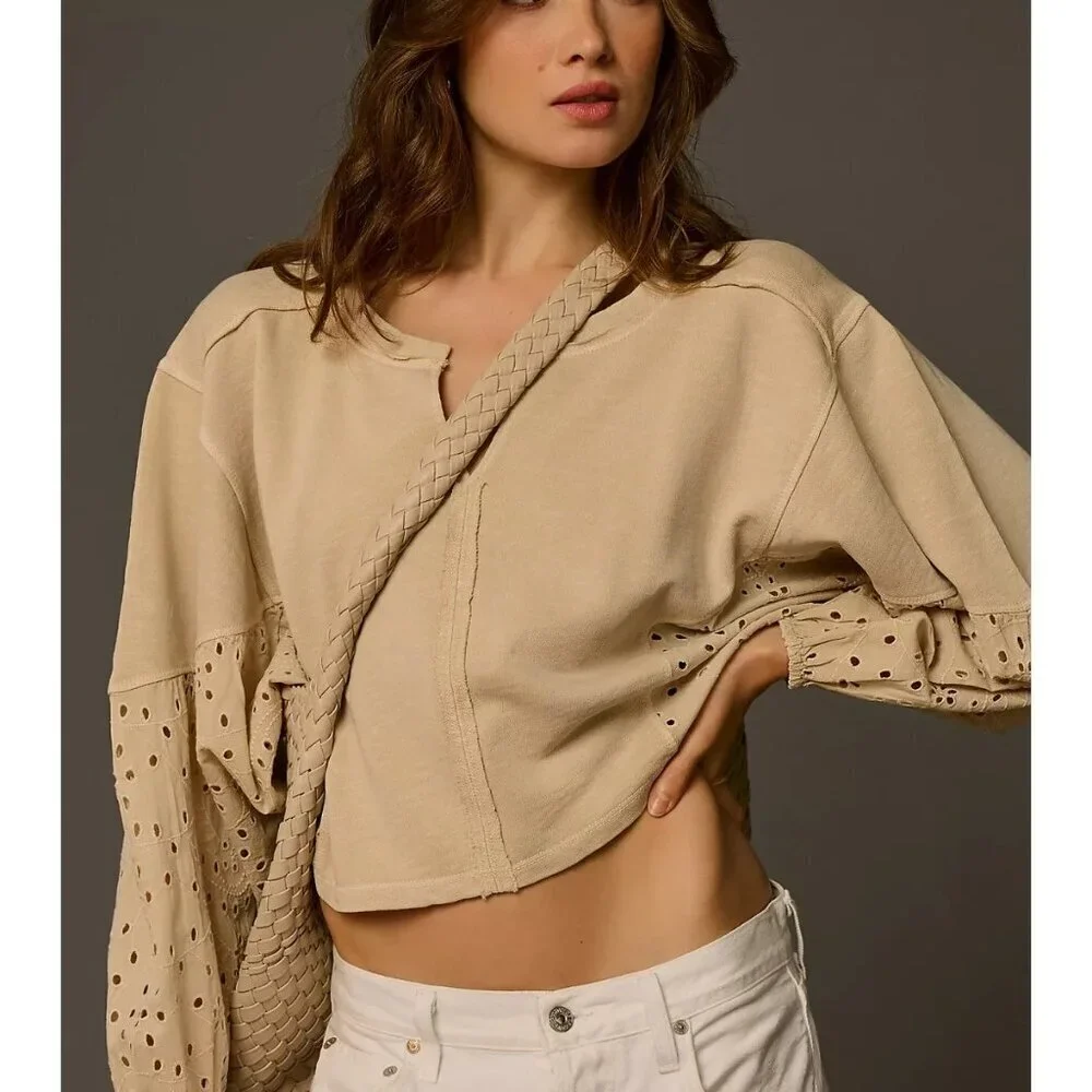 ANTHROPOLOGIE Cropped Batwing Eyelet Sweatshirt Top Boho Beige size XXS Petite